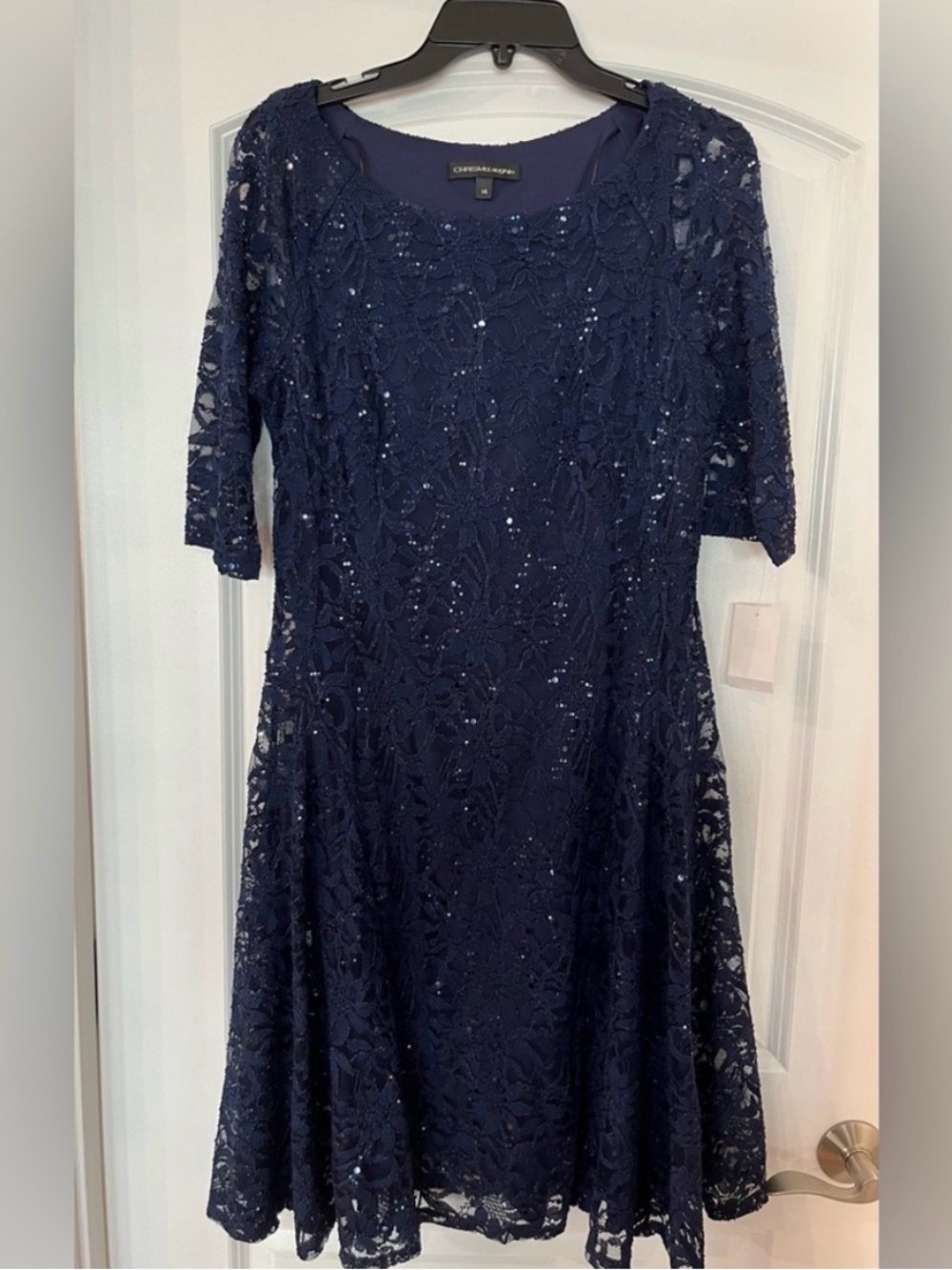 Elegant Chris McLaughlin fit & flare lace & sequin dress,navy blue, size 14 NWT